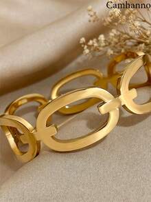 Camhanno 1pc Luxury Hollow Chain Bracelet, Stainless Steel Plated 18K Gold Anti-Fading Anti-Allergic, Geometric Chain Link Design, High-End Jewelry Suitable For Daily Commute And Dates - Gold - View 2
