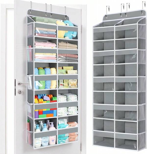 1 Pack Over The Door Organizer, Hanging Storage Organizer With Clear Window, 40lb Ultra Sturdy Large Capacity Room Organizer For Pantry Laundry Bathroom Nursery Closet Essential (Grey)