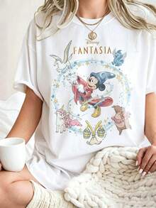 Loose Version Disney Vintage Castle Magic Printed T-Shirt Easy Wear Micro-Elastic Neck Casual Daily Top Round Neck Summer Tee Holiday Gifts Daily Wear - 白色 - 查看 1