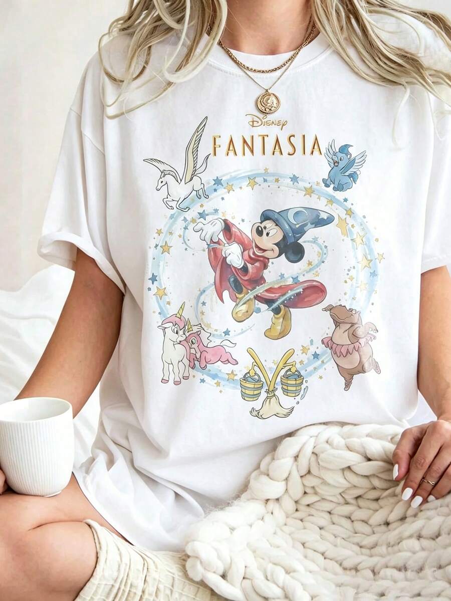 Loose Version Disney Vintage Castle Magic Printed T-Shirt Easy Wear Micro-Elastic Neck Casual Daily Top Round Neck Summer Tee Holiday Gifts Daily Wear - 白色 - 查看 1