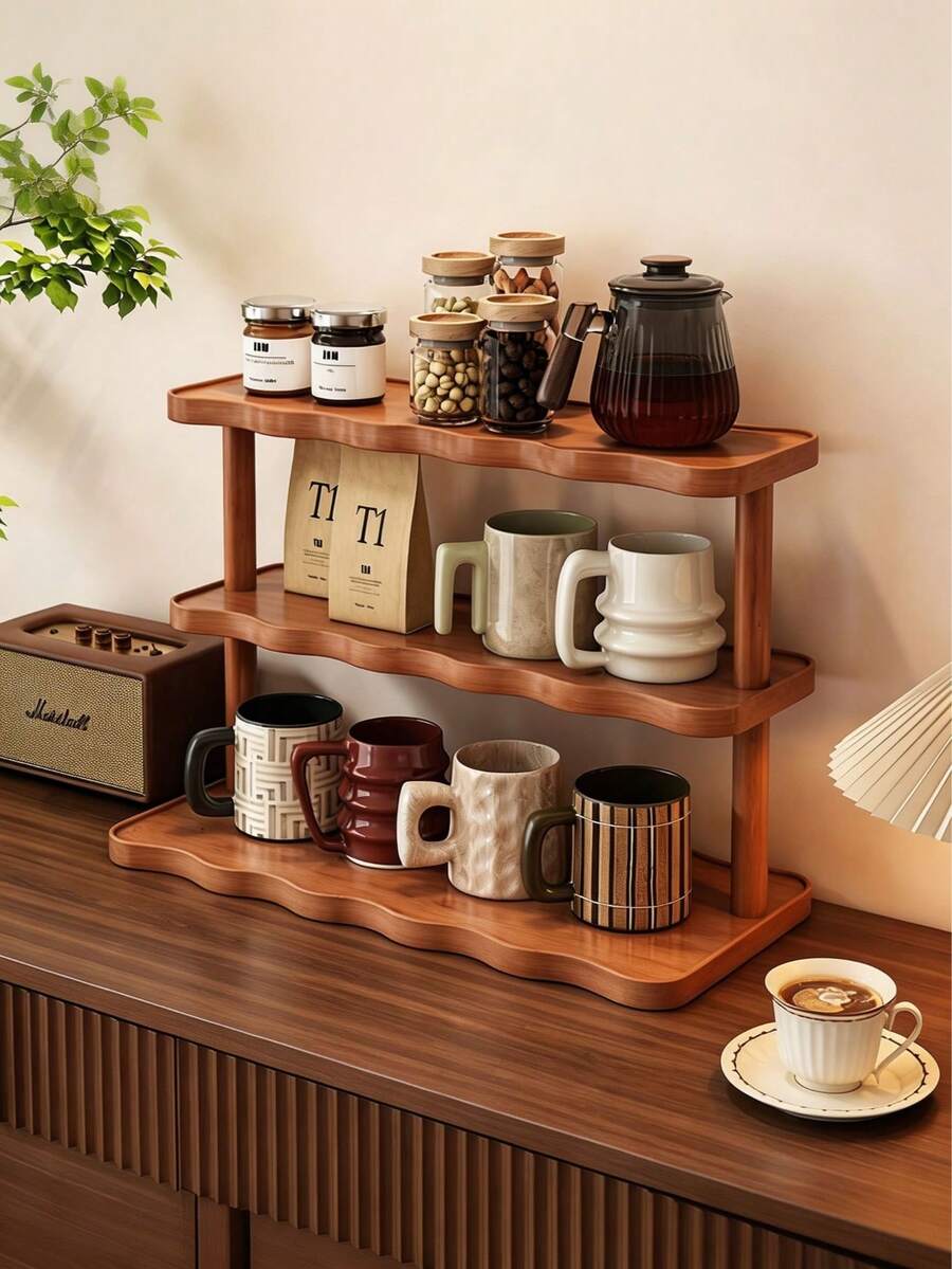 1 pieza Organizador de escritorio de madera vintage, estante de almacenamiento de cosméticos multicapa vintage, estante de almacenamiento multifuncional para el hogar, estante de especias de cocina, soporte para tazas/tazas, estante de almacenamiento abierto adecuado para lápiz labial, perfume, tazas de té/café, especias, estante de exhibición de encimera que ahorra espacio, juego de té, accesorios de escritorio de oficina, accesorios de escritorio, estante de almacenamiento de perfume, esencial para barra de café, estante de almacenamiento, esencial de cocina, decoración del hogar, decoración de cocina, estante de perfume, soporte para pasteles, estación de café, estante de especias, almacenamiento de cocina, estante de exhibición - Marrón - Ver 1