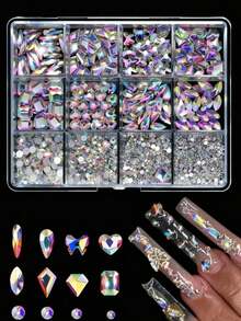 Best-Selling 12-Grid Flat Bottom Irregular Rhinestone Nail Art Decor, Iridescent Mixed Round Glass Rhinestones Nail Accessories - Baby Pink - View 1