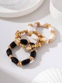 Set Gelang Manik Resin Merah Muda 3 Buah - Gelang Elastis Batu Asimetris Warna Emas yang Dapat Ditumpuk, Perhiasan Wanita Gaya Bohemian yang Dapat Ditumpuk, Hadiah Perhiasan Wanita - Hitam dan Putih - View 2