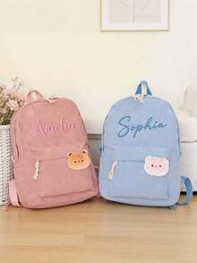 Personalized Custom Embroidered Corduroy Backpack, Custom Name Backpack, Embroidered Corduroy Backpack, Small Animal Accessory Corduroy Backpack, Back To School Season Gift - Multicolor - View 4