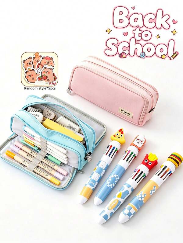7pcs Set (Pencil Case + Stickers + Pens) Large Capacity Pencil Box, Beautiful And Practical, Office Stationery Storage Bag, Simple , Multi-Functional Design, Suitable For Boys And Girls, Ideal For School, College And Office Use. Can Store Pens, Cosmetics, Art Supplies And More, Perfect Gift And Ideal Choice For Back To School Season. #Gift For Mom #Halloween Special #Children's Back To School #Campus Style #High School Supplies