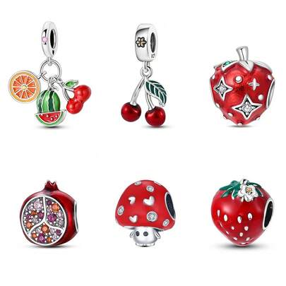 Vectoflux 1pc Sweet Dopamine Style S925 Sterling Silver Low Hypoallergenic Red Series Mushroom Strawberry Pomegranate Cherry Watermelon Beaded Charm, Suitable For Original Bracelet, Women's DIY Jewelry Making, Birthday Gift