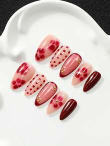 10Pcs Handmade Press On Nails, Cherry Red Almond Fake Nails, Red Flower Nail Art, Polka Dot Design, Burgundy French Tip Accent, Hand Painted Reusable Acrylic Press On Nails, Tool Kit Included, Vintage Chic Party Gift For Women - Multicolor - View 3