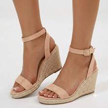 Sandals For Women Wedge Platform Heels – Square Toe Open Toe Espadrille Woven Sole Summer Vacation Shoes - 膚色 - 查看 1