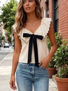 Womens Summer Blouses Casual Stylish Tie Bow Front Ruffled V Neck Sleeveless Tops - Apricot - View 3