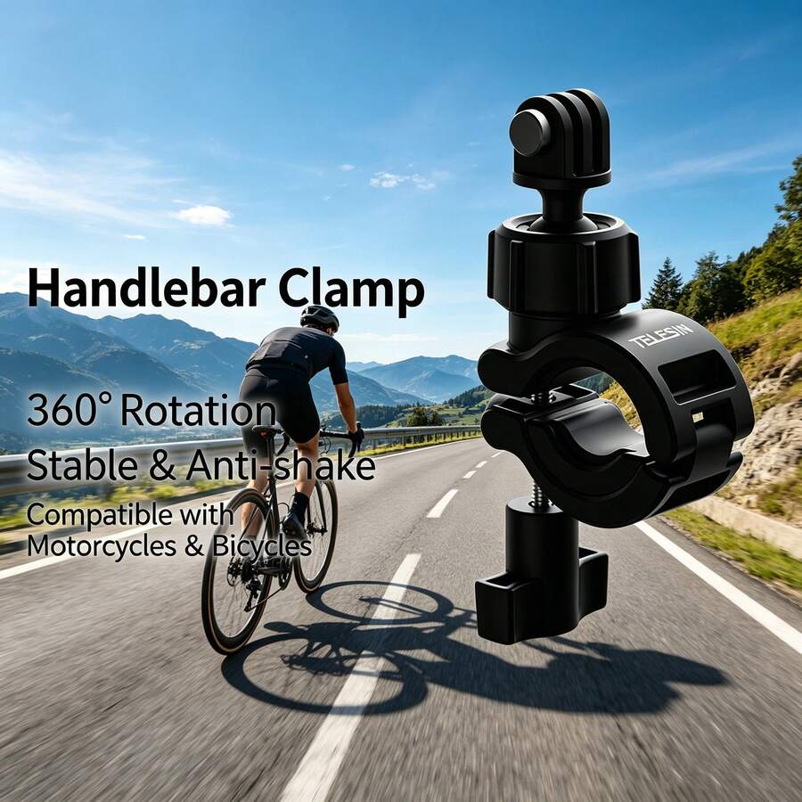 حامل كاميرا الحركة الدوار 360 درجة، تصميم مضاد للانزلاق والخدش، مشبك مقود معزز ببرغي من الفولاذ المقاوم للصدأ مع وسادة TPR مضادة للانزلاق لحماية الطلاء، يناسب المقاود من 20-32 مم، مشبك تصوير عالمي للدراجات النارية والدراجات