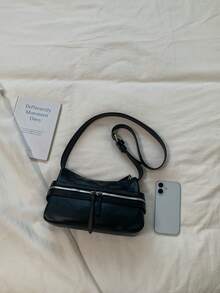 1 pieza Bolso bandolera de moda para mujer, tela de cuero PU de unicolor, bolso de hombro con forma de media luna para mujer, decoración con cremallera, correa de hombro ajustable, adecuado para viajes, fiestas, desplazamientos y otras ocasiones. Regalo para mujer, compras, trabajo, citas, oficina - Negro - Ver 9