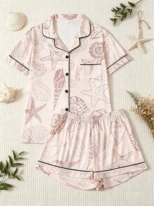 2pcs Set Women Pajama Set With Soft Pink Seashell Print, Short Sleeve Lapel Collar Button Front Top And Elastic Waist Shorts, Spring/Summer Homewear - 杏色 - 查看 11