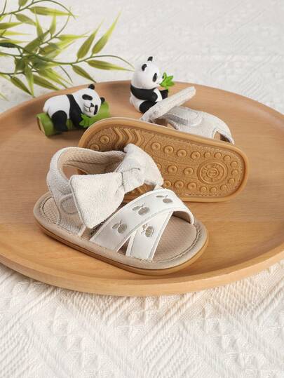 1 Pair Girls Fashion Versatile Cartoon Bow Magic Tape Design Baby Toddler Sandals, Suitable For Spring, Autumn And Summer