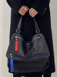 Ladies' Large Capacity Black Shoulder Bag, Sports Style Mesh Splicing Tote Bag, Contrasting Zipper Details - Black - View 3