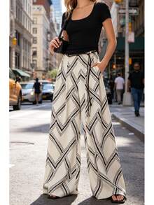 2026 Summer New Plaid Linen Wide Leg Pants, Loose Casual Dragging Trousers For Women Vacation White - White - View 3
