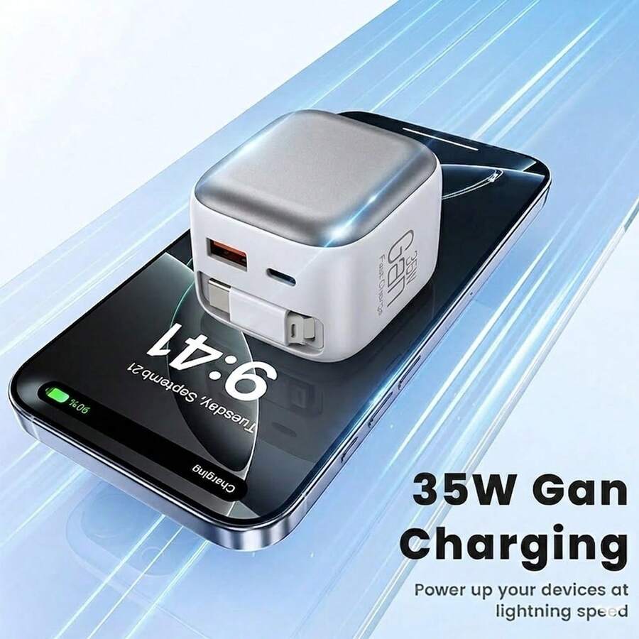 35W GaN 充电器,内置 Type-C 数据线,快充适配器,USB A+C 双端口墙式充电器,兼容 、手表、耳机、平板电脑、系列手机适配器 - 查看 1