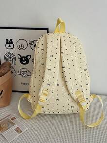 3-Piece Nylon Bow & Heart Print Backpack Set, Foldable Multi-Pocket Large Capacity Zipper Backpack, Suitable For Teens And High School Students - Yellow - View 6
