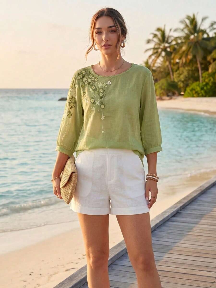 Women's Embroidered Loose Bohemian Vintage Blouse, Casual Spring/Summer Top - Light Green - View 1