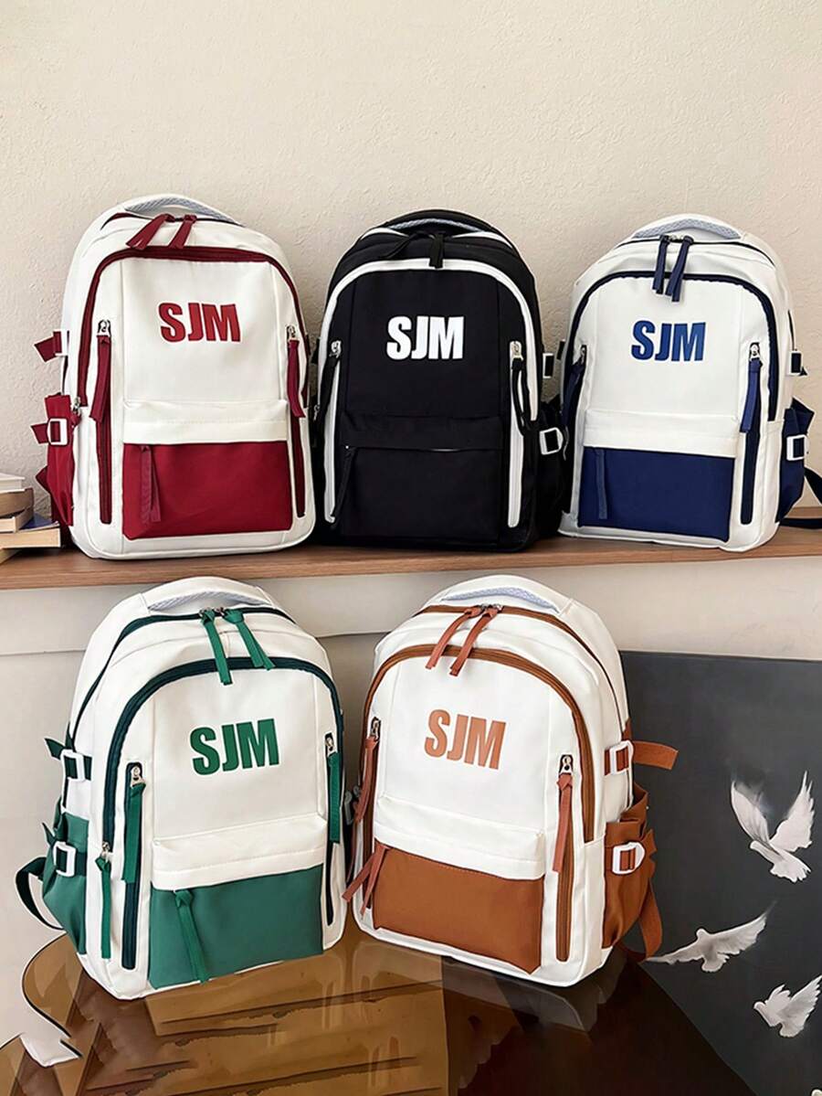 1pc Contrast Color Letter Print Backpack, Multi-Pocket Zipper School ...