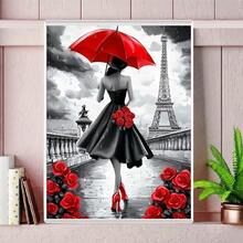 1pc 5D Full Round Drill Diamond Painting Kit, Rainy Paris Eiffel Tower Back View Lady With Red Umbrella Red Rose Pattern, 30*40cm Unframed DIY Rhinestone Embroidery Wall Decor Craft Gift For Adult Beginners - round diamond - View 3