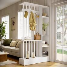 LITTLE TREE 71 Inch Freestanding Wood Room Divider, Modern Wall Partition With Open Shelves & Coat Hooks, Decorative Storage Bookcase For Home Office Entryway - White - View 3