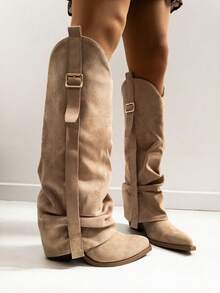 REYNEA Women's Cowboy Boots With Elegant Y2K Design And Decorative Buckle, Modern Vintage Western Style With Wrinkled Shaft, Ideal For Urban Or Casual Looks - 卡其色 - 查看 6