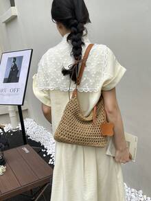 2026 New Woven Bag For Women, Fashion Hollow Breathable Versatile Crossbody Bag, Large Capacity Vacation Beach Shoulder Bag - Khaki - View 11