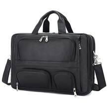 Bolso de Mano de Cuero Genuino para Hombre Fuheng, Gran Capacidad, Bolso de Hombro Cruzado de Piel de Vaca, Maletín de Viaje - Negro (cremallera YKK, forro negro) - Ver 7