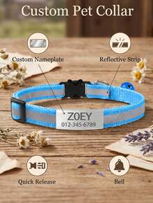 1pc Personalized Adjustable Reflective Pet Collar With Cartoon Anti-Choking Buckle And Bell, Engraved Stainless Steel Collar For Cats And Dogs - Pink - View 2