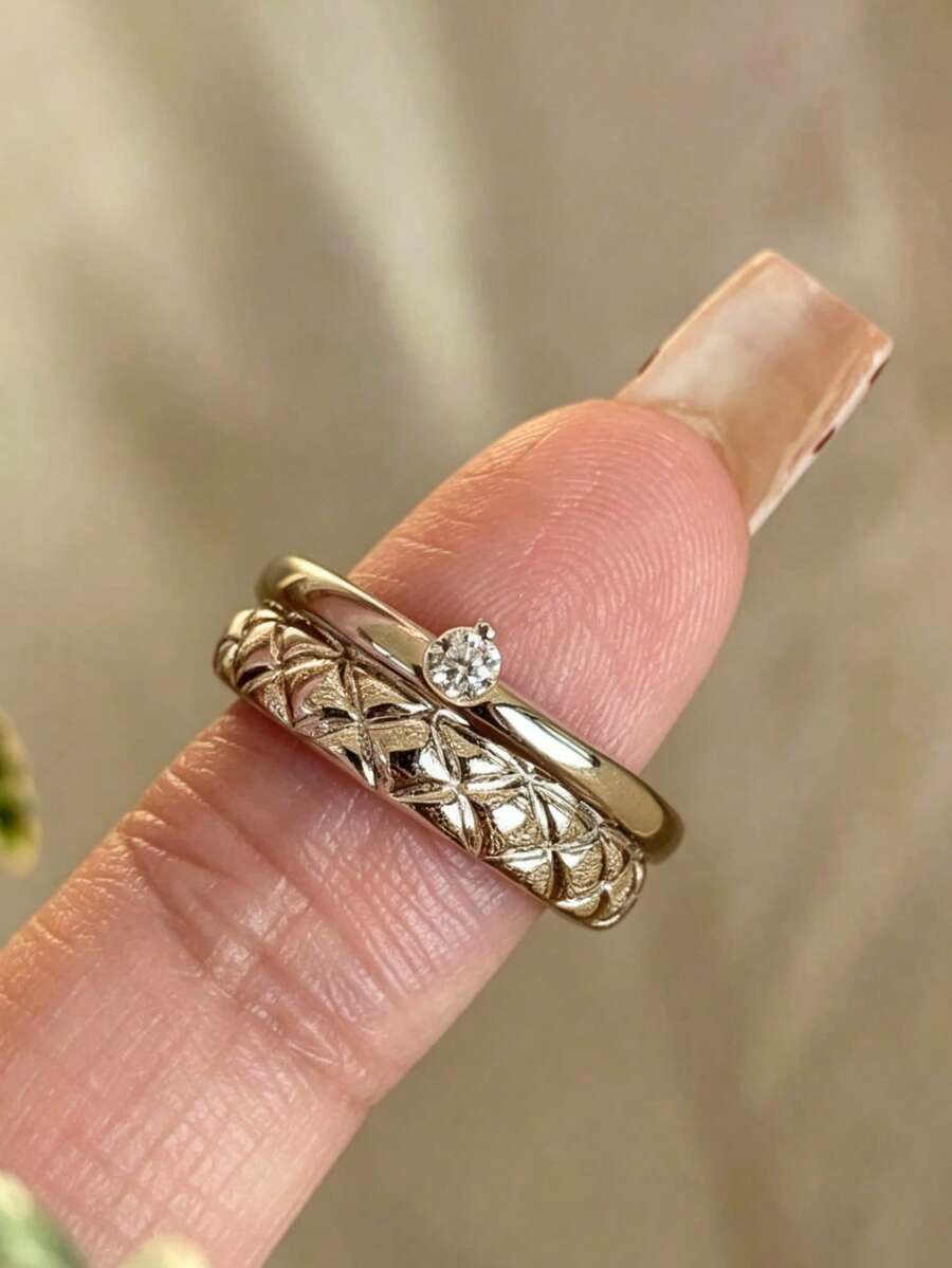 1pc Double-Layer Integrated Diamond Pattern Pinky Ring - Silver - View 1