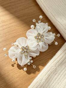 1 pieza Tocado nupcial, accesorio para el cabello de mujer con flores de seda 3D envueltas a mano, clip lateral elegante francés con perlas y strass, accesorio para peinado nupcial trenzado, adecuado para boda/fiesta de vacaciones/novia dama de honor, estilo para todas las estaciones, pinzas para el cabello - Multicolor - Ver 2