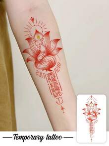 1片傳統中式墨紅色九尾狐符號垂直圖案臨時紋身貼紙，逼真紋身設計。適合旅行、音樂節、遊戲、畢業禮物。可維持3-5天。 - 彩色 - 查看 1