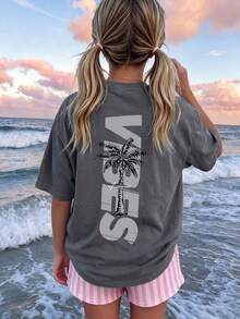 休闲椰树印花圆领短袖T恤，适合女孩和儿童夏季穿着 - 色彩缤纷的图案，为每个孩子带来快乐！童装，女孩图案T恤，夏季上衣，青少年服装 - 深灰色 - 查看 7