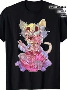 T-shirt pour hommes Pastel Goth Kawaii Chat mangeant des ramen - T-shirt graphique inspiré de l'anime japonais avec un adorable chaton gothique & un bol de ramen, doux et confortable, décontracté - Noir - Voir 1