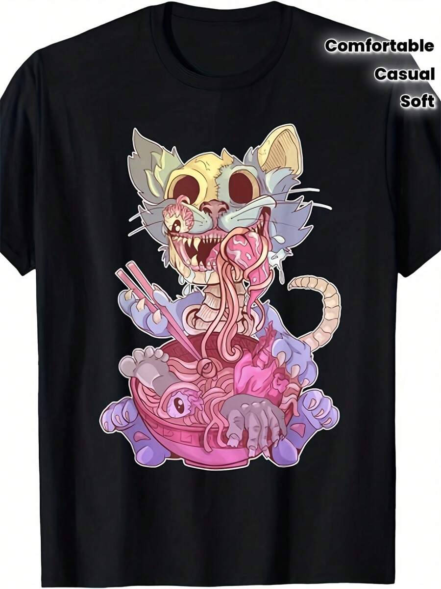 T-shirt pour hommes Pastel Goth Kawaii Chat mangeant des ramen - T-shirt graphique inspiré de l'anime japonais avec un adorable chaton gothique & un bol de ramen, doux et confortable, décontracté - Noir - Voir 1