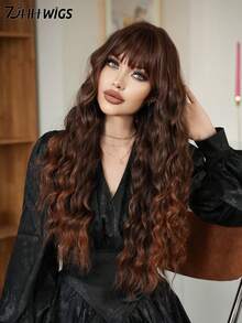 7JHH WIGS Extra lange Wasserwellen-Perücke in Braun-Blond für Frauen, 30 Zoll, modische lockige Perücke mit Pony, aus hitzebeständiger Kunstfaser, für den täglichen Gebrauch, Musikfestivals, Partys und Cosplay - Braun - Übersicht 5