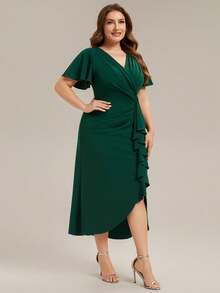 EVERPRETTY Plus Size Women V-Neck Ruched High Slit Asymmetric Wedding Guest Evening Dress, Deep Green, Suitable For Weddings And Semi-Formal Occasions - Dark Green - View 3