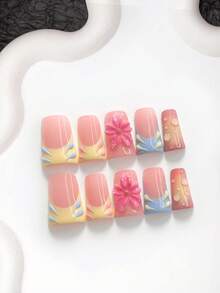 10pcs/Set Sweet Floral Handmade Press-On Nails, Polymer Nail Tips, 5-Petal Flower Design, Yellow & Blue Color Scheme, Summer Fresh Style, Includes Manicure Tools, 3 Sizes Available, Almond, Duck, Coffin Shape, Suitable For Party, Dance, Daily Wear - Multicolor - View 16