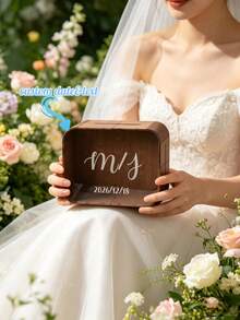 1pc Customized Wooden Wedding Card Box, Personalized Name & Date Wedding Gift Card Storage Box, Engraved Rustic Style Wooden Money Box, Customized Text Reception Card Collection Box, Wedding Ceremony Decoration, Bridal Shower, Engagement Party, Anniversary Celebration Keepsake - Multicolor - View 3