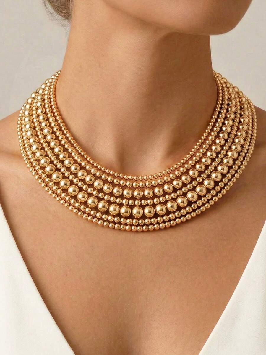 7pcs Minimalist Versatile Gold Beaded Necklace Set, Multi-Layer Layering Choker Necklace For Women, Suitable For Banquet And Commute - Gold - View 1