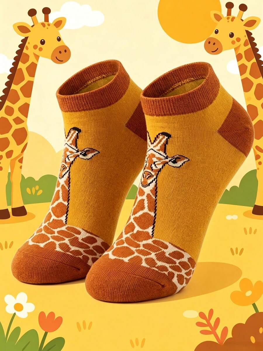 1/5 Pairs Of Men's Giraffe Patterned Short Tube Socks , Fun Gifts For Parties And Social Events, Suitable For Both Men And Women