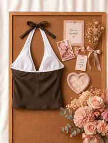 New Summer Fresh Sweet Cute Style Brown & White Colorblock Polka Dot Halter Neck Bikini Set With Shorts For Beach Vacation Casual - Multicolor - View 4