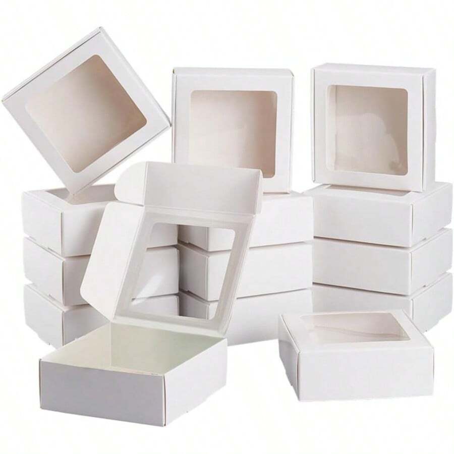 20個白色牛皮紙透明窗禮品盒 3.6x3.6x1.4 適用於烘焙餅乾蛋糕糖果、婚禮派對、聖誕禮物包裝 - 白色 - 查看 1