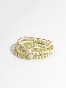 8PCS Ins Style White & Gold Fine Seed Bead Multi-Layer Bracelet, Gentle Faux Pearl Elastic Stretch Bracelet, Versatile Commute Layering Jewelry Set For Women - Gold - View 4