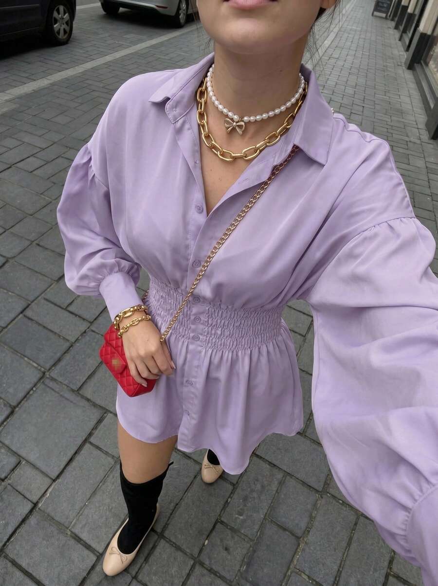 Buzzelle 女款時尚領口襯衫洋裝，純色抽褶腰長袖修身輕盈上衣洋裝，春夏優雅休閒 - 淺紫色 - 查看 1