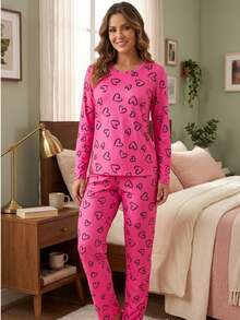 Women's Suede Heart Pajamas, Long-Sleeved Top And Pants, Winter Set REF:PJCO - 玫紅色 - 查看 1