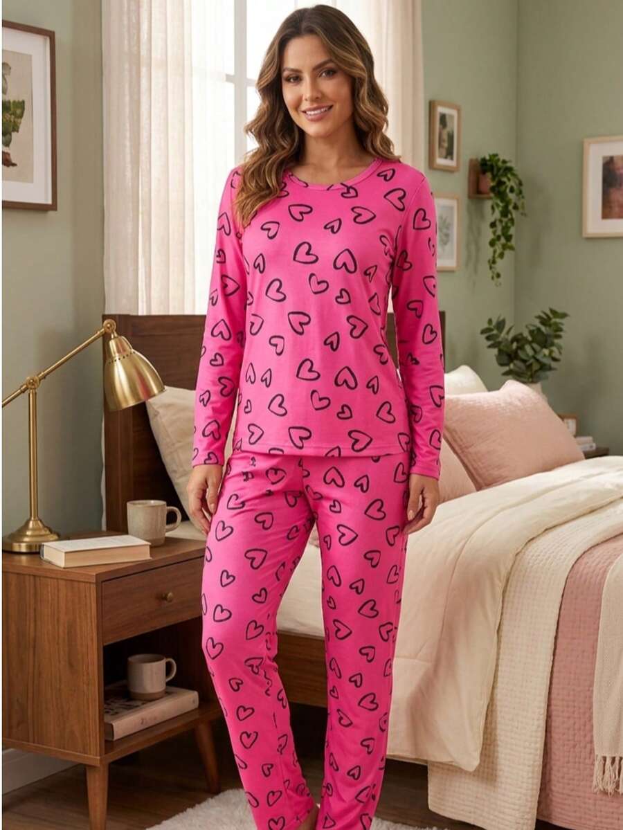 Women's Suede Heart Pajamas, Long-Sleeved Top And Pants, Winter Set REF:PJCO - 玫紅色 - 查看 1
