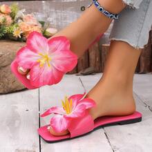 Women's Fashionable Rose Red Floral Sandals, Flat, Square Toe, Non-Slip, Suitable For Outdoor Wear, Vacation, Beach, And Casual Use. Hawaiian Style Floral Sandals, Soft Sole, Non-Slip, Sweet And Casual Sandals For Beach Outings. Simulated Large Floral Decoration Sandals, Rose Pink Flat Square Toe Summer Vacation Sandals. - Rose Red - View 10