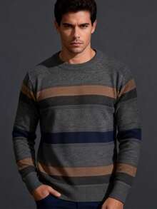 Men's Knitted Sweater, Round Neck, Long Sleeves, Premium Wool, Basic And Comfortable Winter Clothing - Listra Chumbo - 查看 2