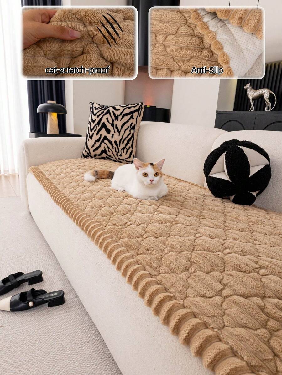 One-Piece Solid Color Chenille Sofa Cushion, Modern Minimalist Style, Thickened Quilted Design, Brushed Plush Silicone Backing For Non-Slip Sofa Cover, Straight-Line Sofa Cover, Comfortable And Soft, Suitable For All Seasons, Not Easy To Fade Or Deform, Cat-Proof And Pet-Friendly, Provides All-Around Protection For Your Sofa, Wear-Resistant And Durable, Warm In Autumn And Winter, Suitable For Living Room And Bedroom Sofa Covers. - Khaki - View 1